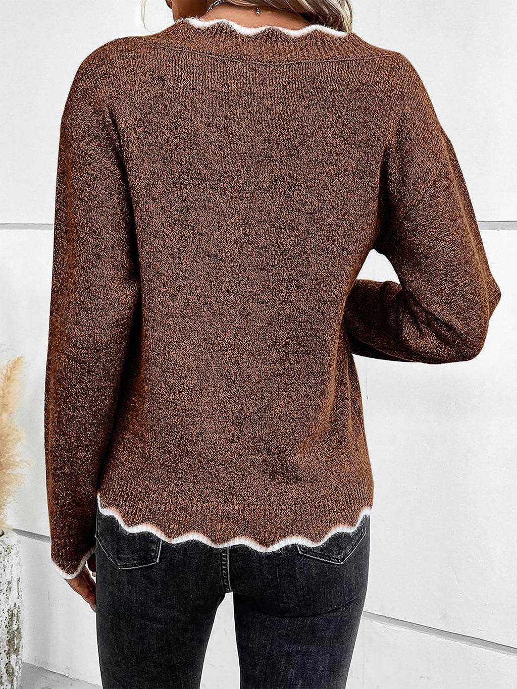 Clemence | Beige White Sleeveless Roll V Neck Knit Jumper Sweater