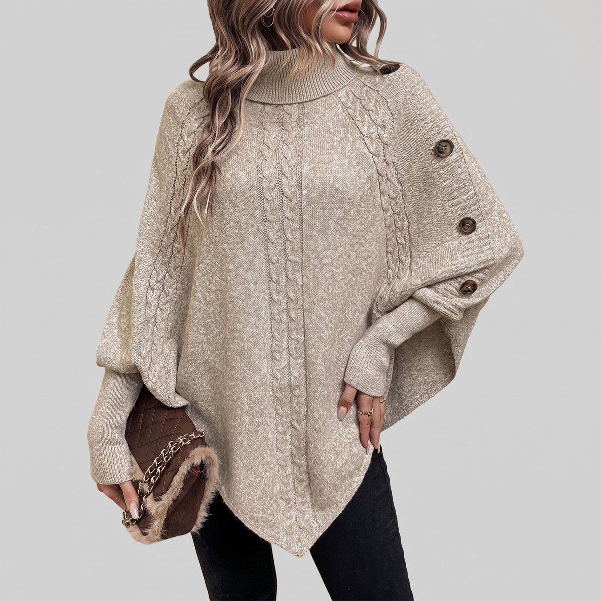 Fleur | Oversized Chunky Cable Knit Turtleneck Long Cardigan Sweater — Khaki