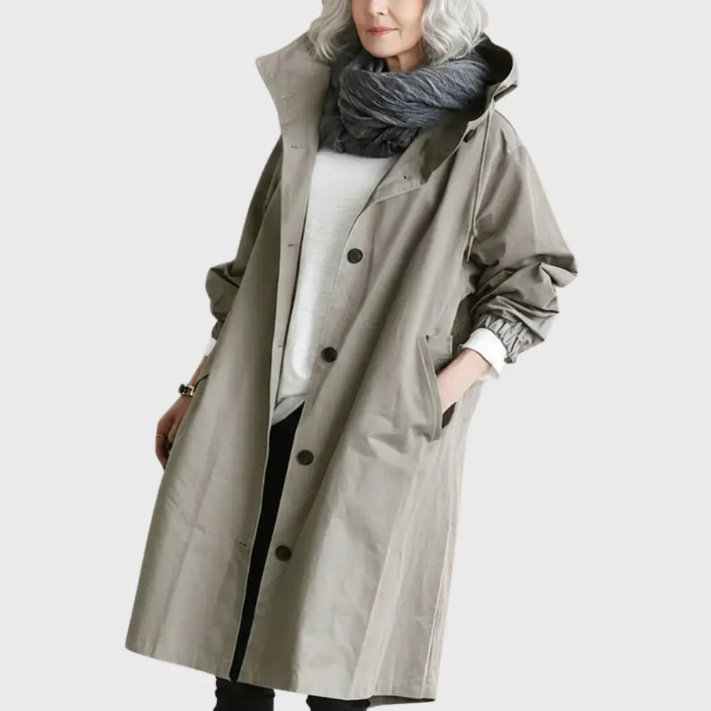 Thalia | Waterproof Wool Blend Long Black Rain Trench Coat — Grey