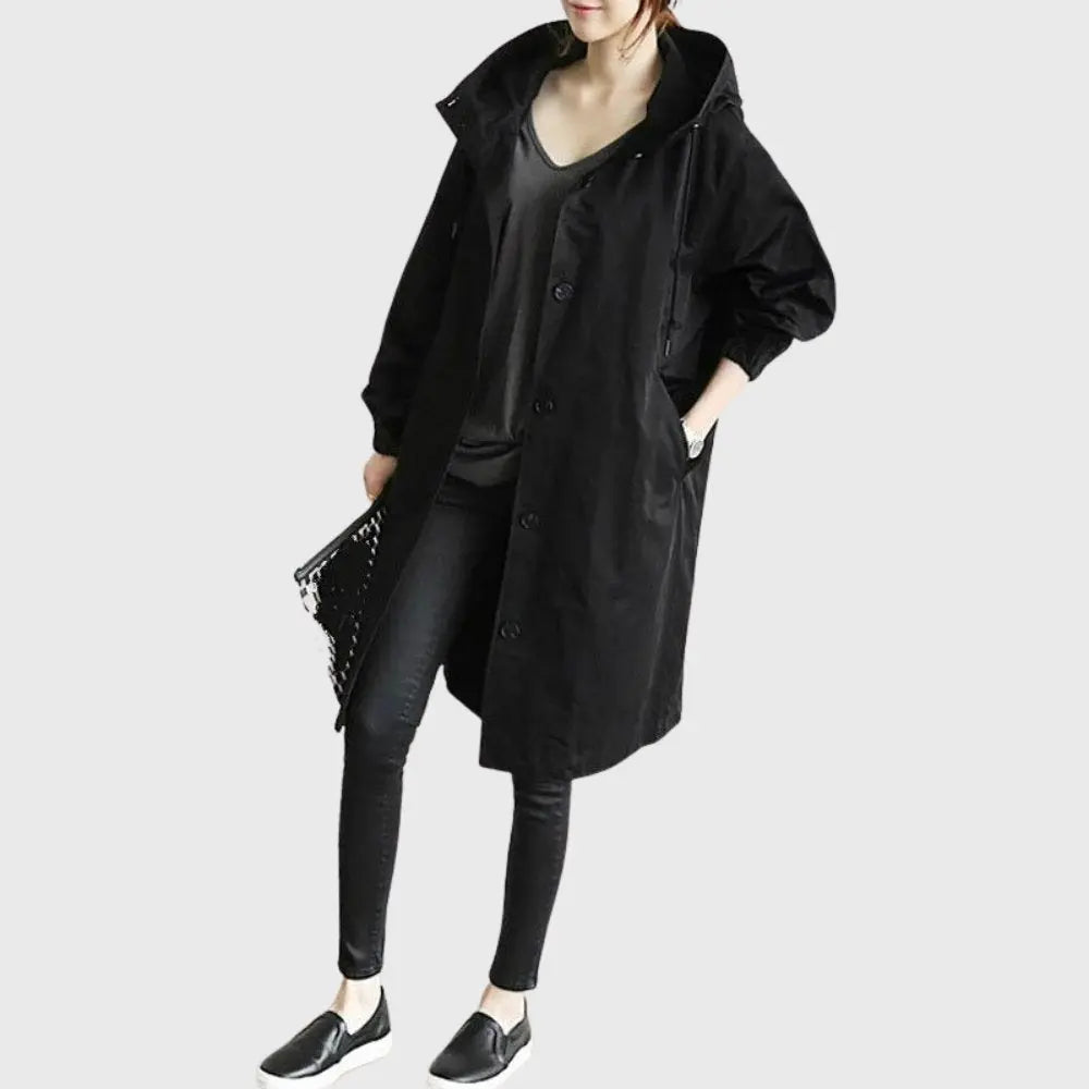 Thalia | Waterproof Wool Blend Long Black Rain Trench Coat — Black