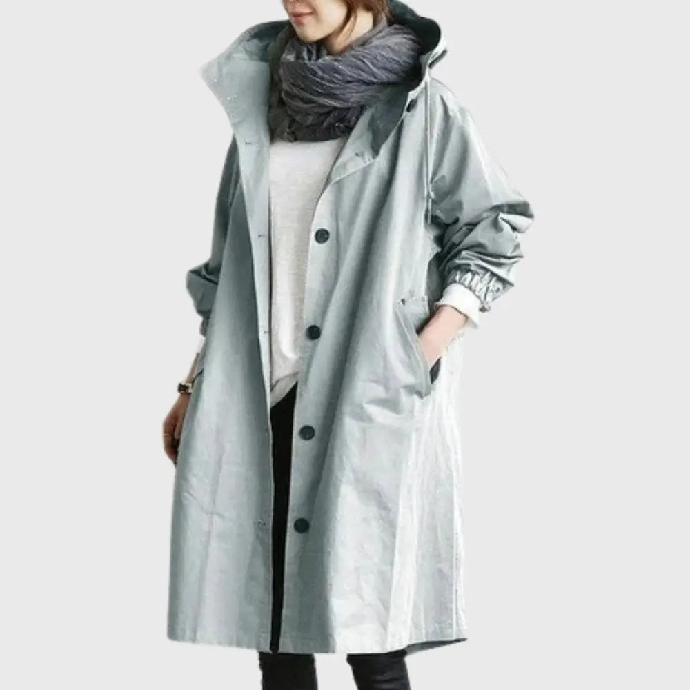 Thalia | Waterproof Wool Blend Long Black Rain Trench Coat — Light Blue