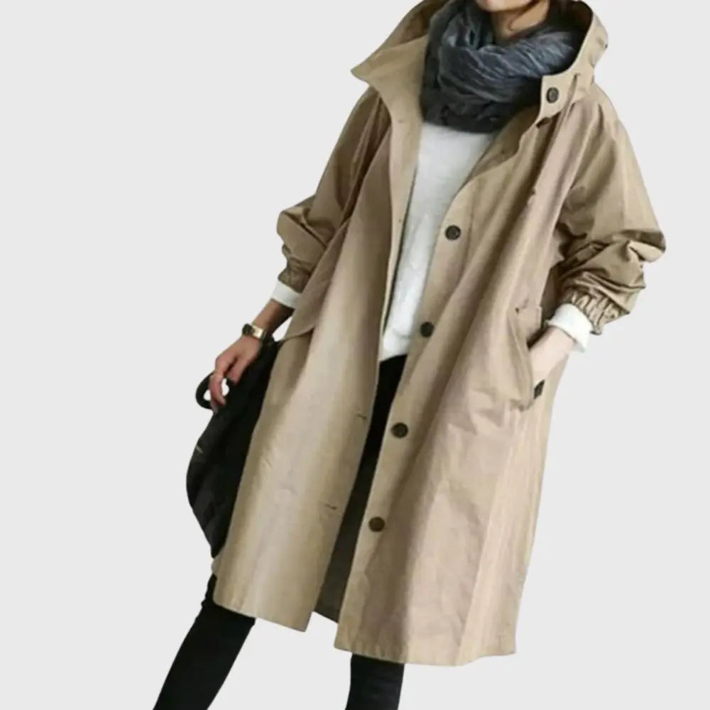 Thalia | Waterproof Wool Blend Long Black Rain Trench Coat — Brown