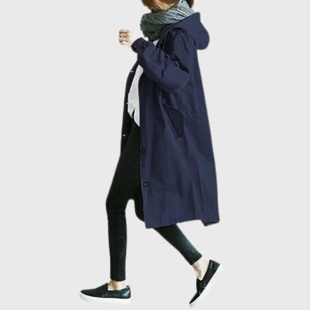 Thalia | Waterproof Wool Blend Long Black Rain Trench Coat — Blue