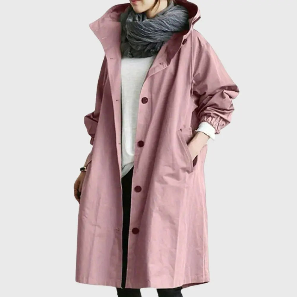 Thalia | Waterproof Wool Blend Long Black Rain Trench Coat — Pink