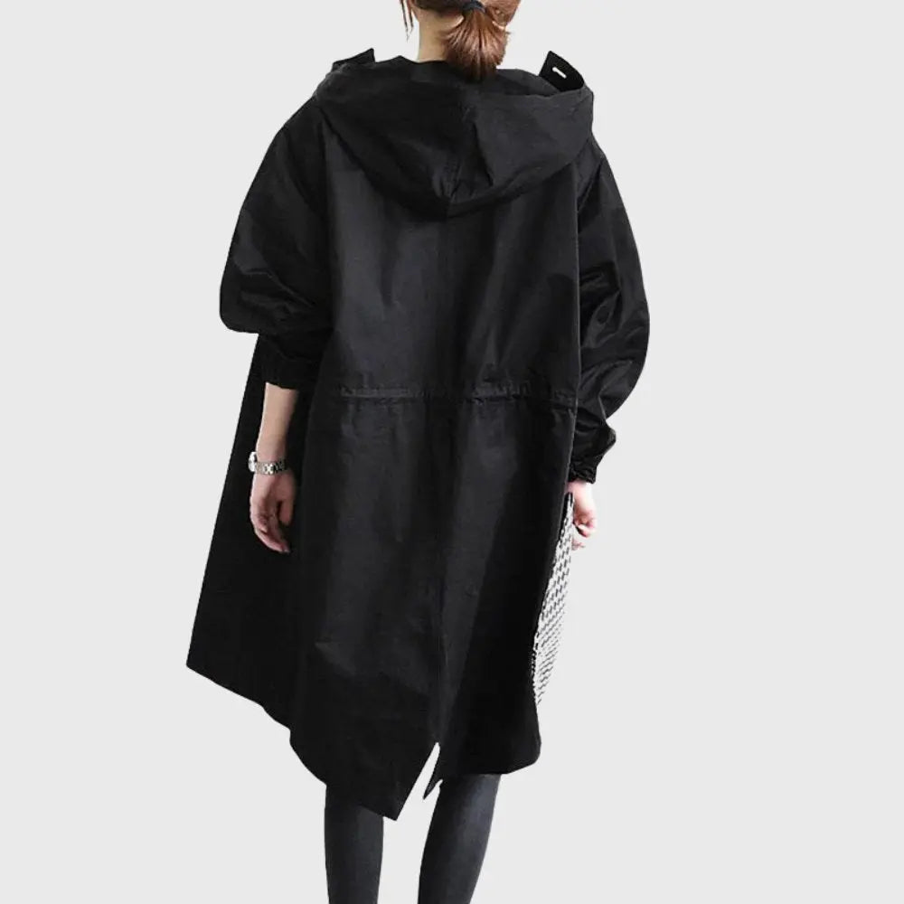 Thalia | Waterproof Wool Blend Long Black Rain Trench Coat