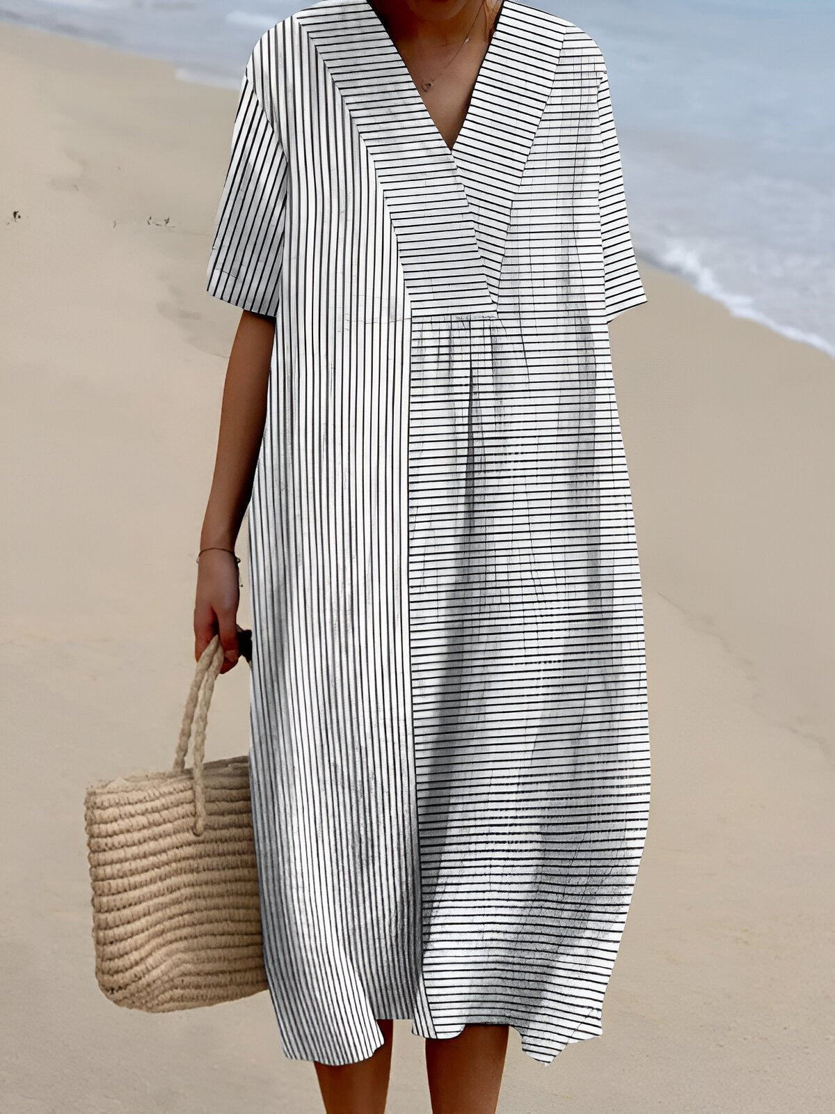 Nadia | Long Relaxed Boho V-Neck Striped Frocks For Women