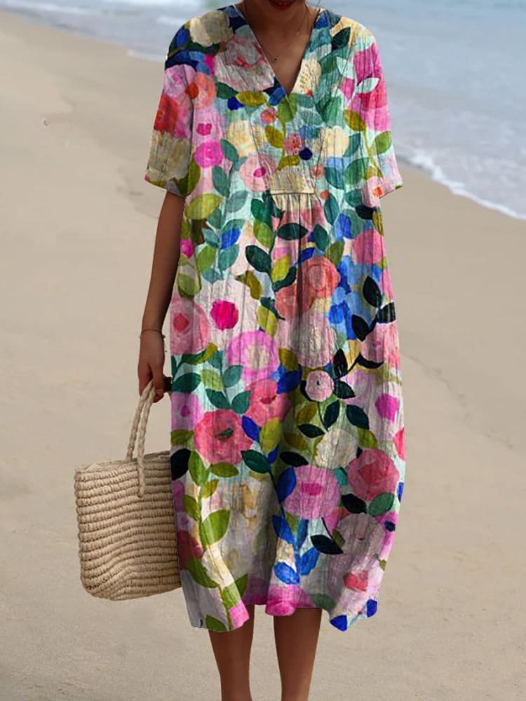Nadia | Long Relaxed Boho V-Neck Striped Frocks For Women