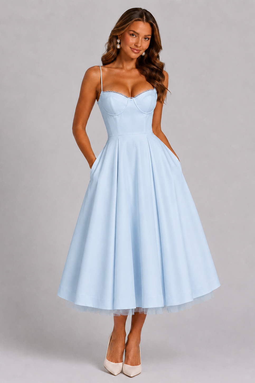 Romilly | Corset Spaghetti Strap Midi Wedding Guest Dress