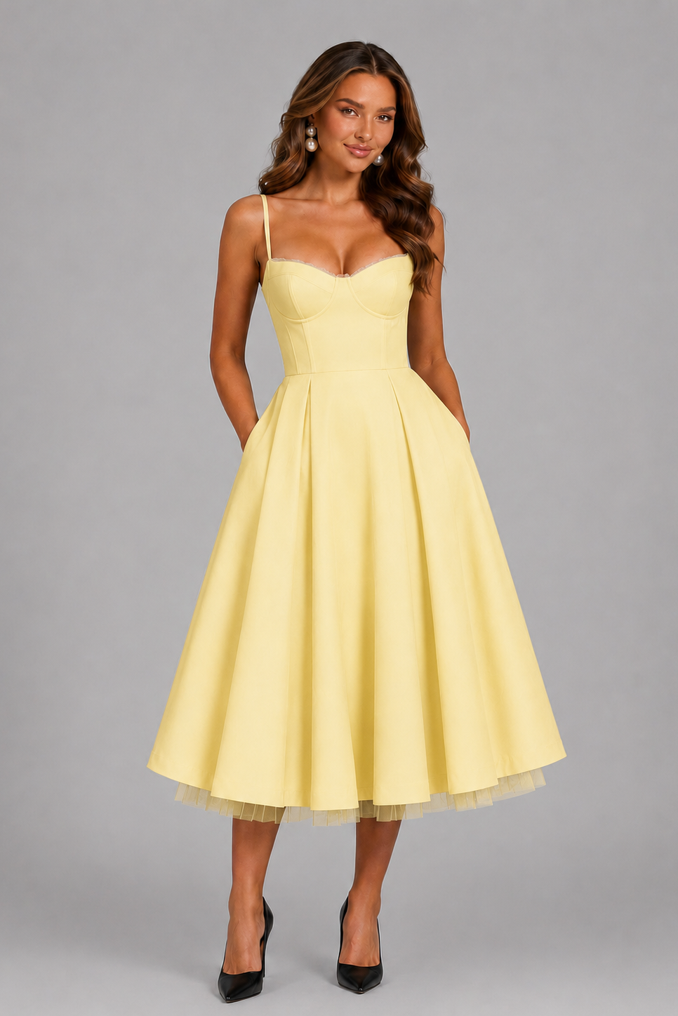 Romilly | Corset Spaghetti Strap Midi Wedding Guest Dress