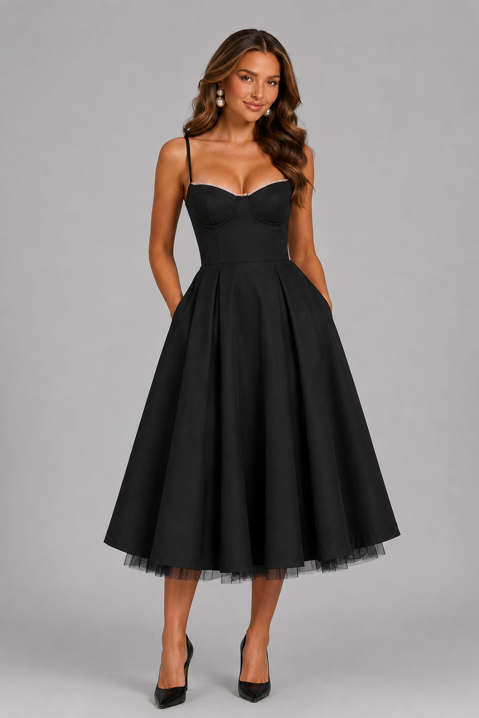 Romilly | Corset Spaghetti Strap Midi Wedding Guest Dress