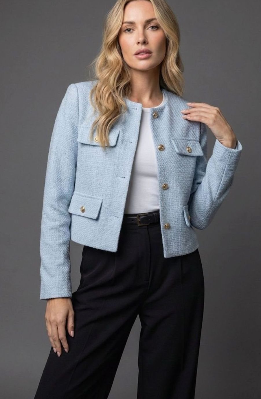 Iliana | Women's Double Breasted Velvet Tweed Blazer Jacket Coat — Light Blue