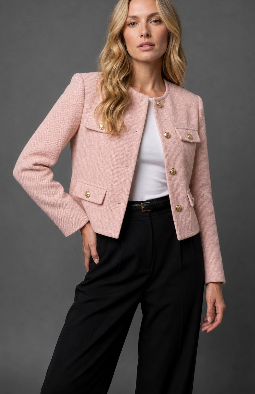 Iliana | Women's Double Breasted Velvet Tweed Blazer Jacket Coat — Light Pink