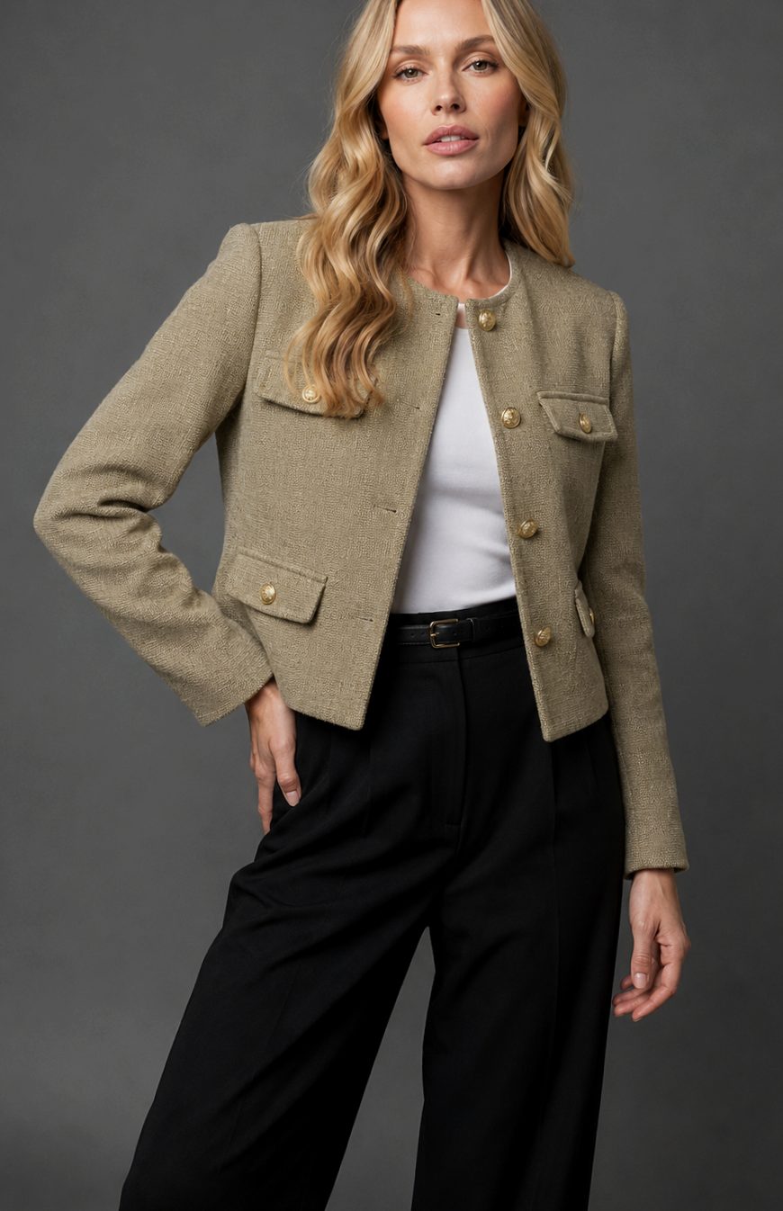 Iliana | Women's Double Breasted Velvet Tweed Blazer Jacket Coat — Olive