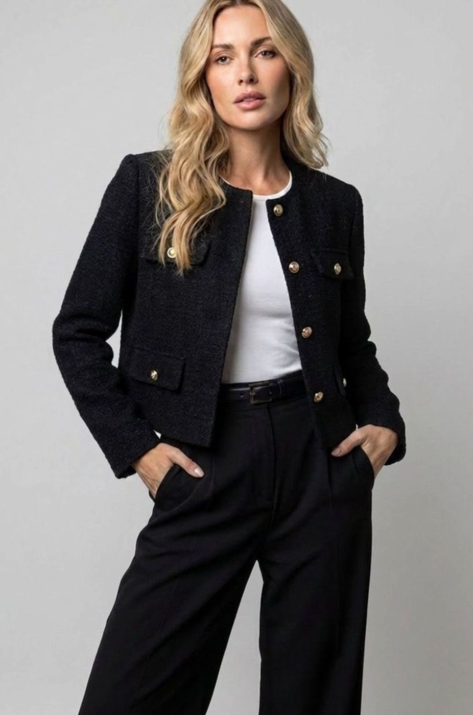 Iliana | Women's Double Breasted Velvet Tweed Blazer Jacket Coat — Black