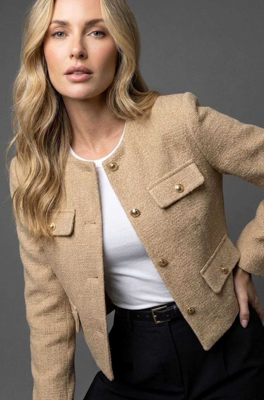 Iliana | Women's Double Breasted Velvet Tweed Blazer Jacket Coat — Khaki