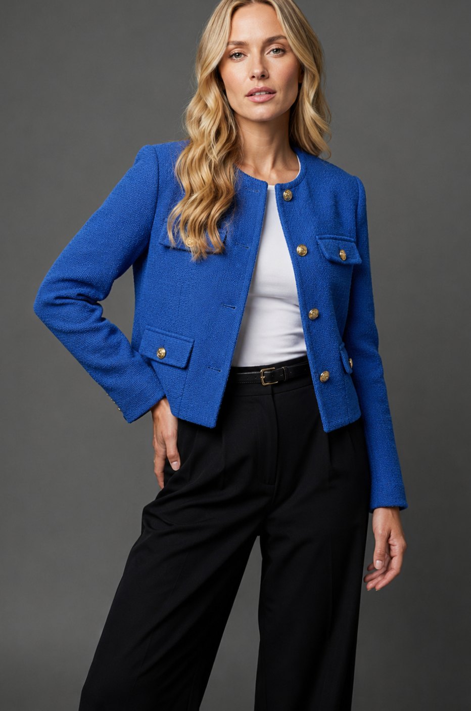 Iliana | Women's Double Breasted Velvet Tweed Blazer Jacket Coat — Blue