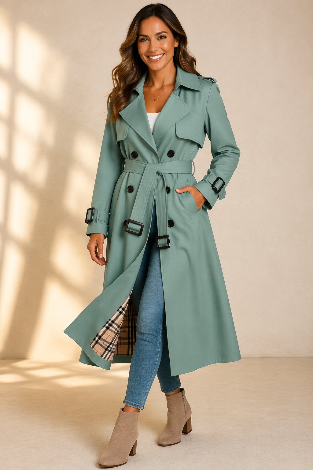Katarina | Double Breasted Belted Long Black Wool Trench Coat — Green