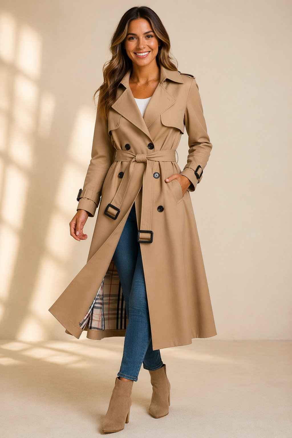 Katarina | Double Breasted Belted Long Black Wool Trench Coat — Beige