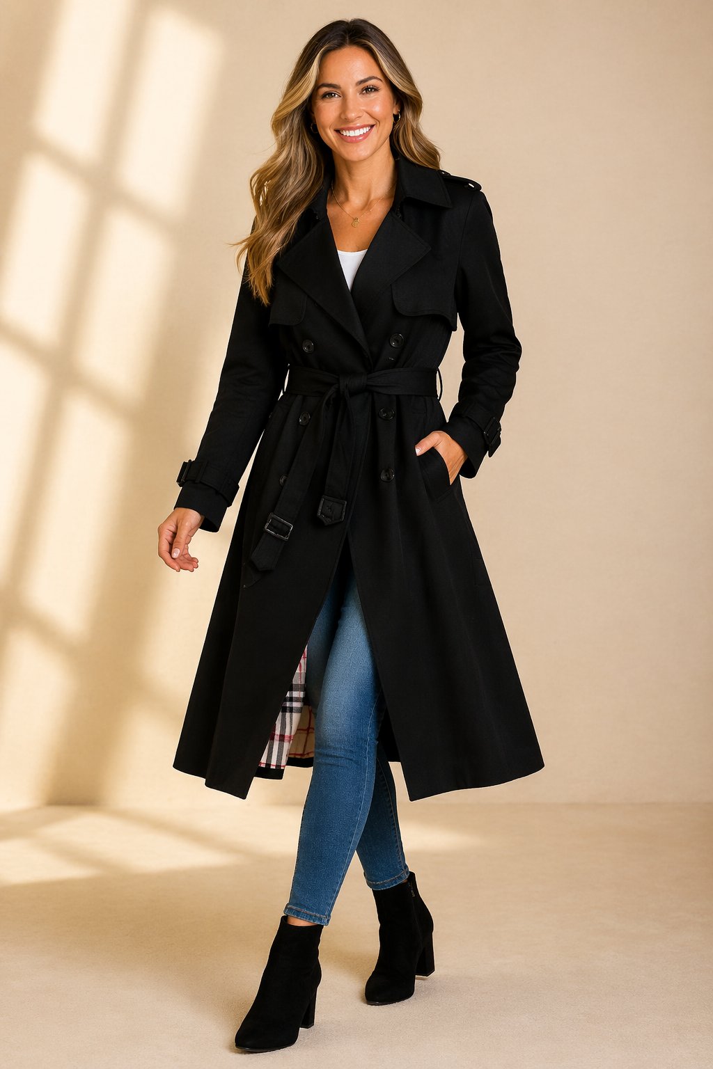 Katarina | Double Breasted Belted Long Black Wool Trench Coat — Black
