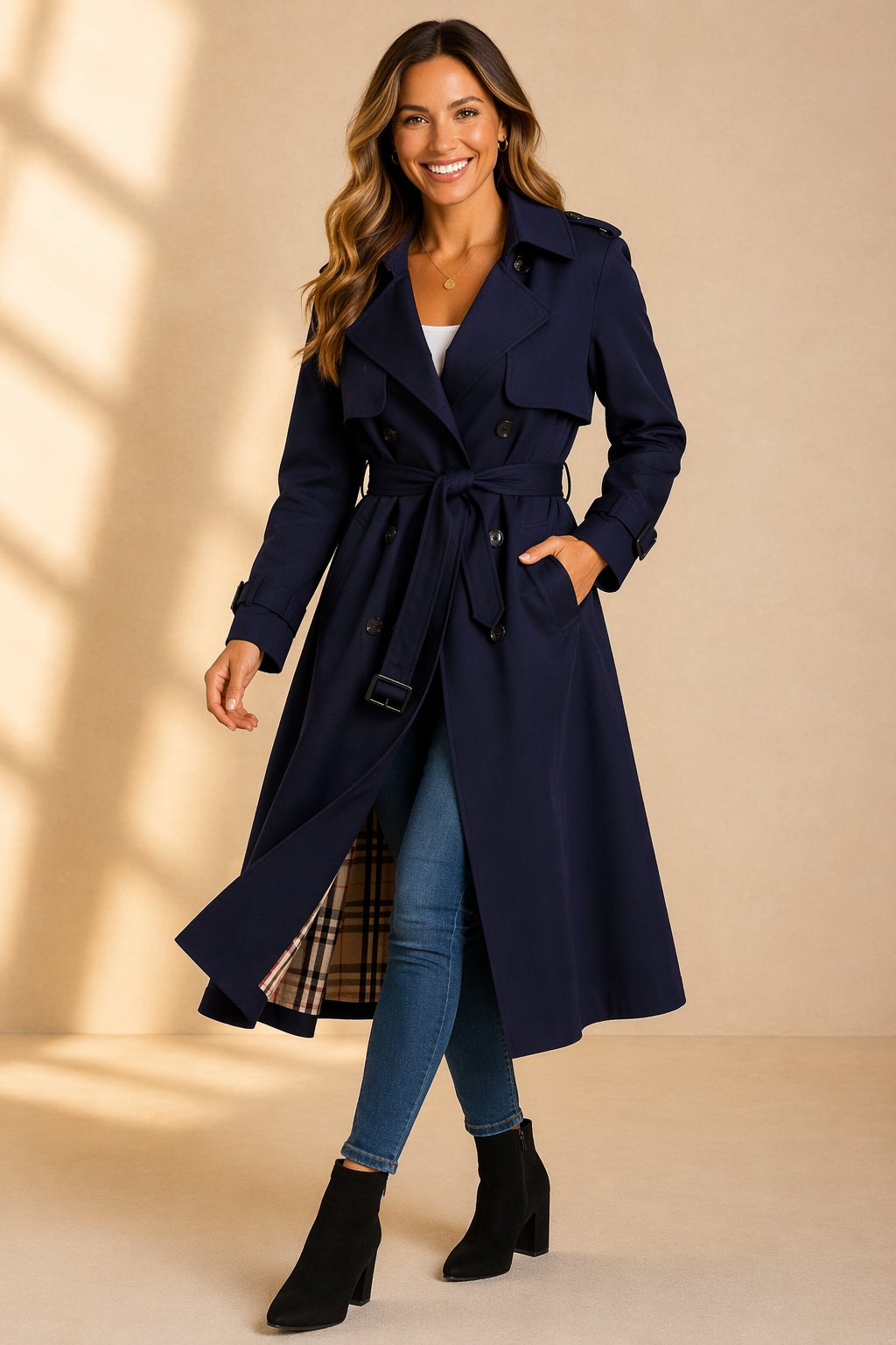 Katarina | Double Breasted Belted Long Black Wool Trench Coat — Navy
