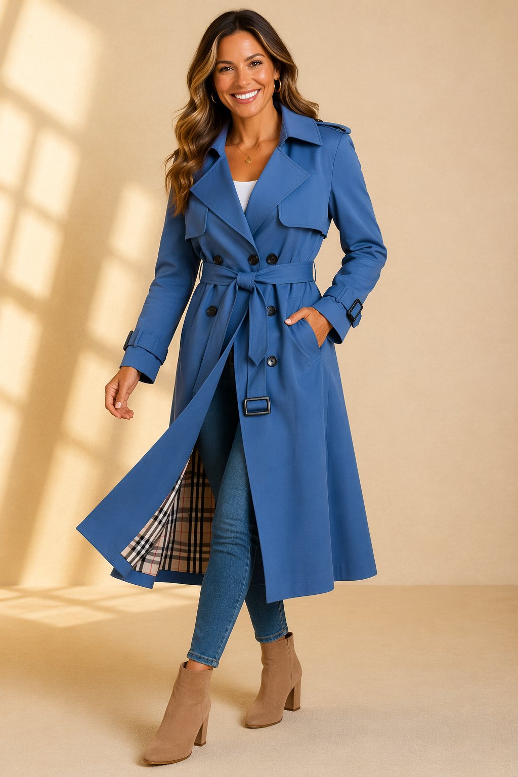 Katarina | Double Breasted Belted Long Black Wool Trench Coat — Blue