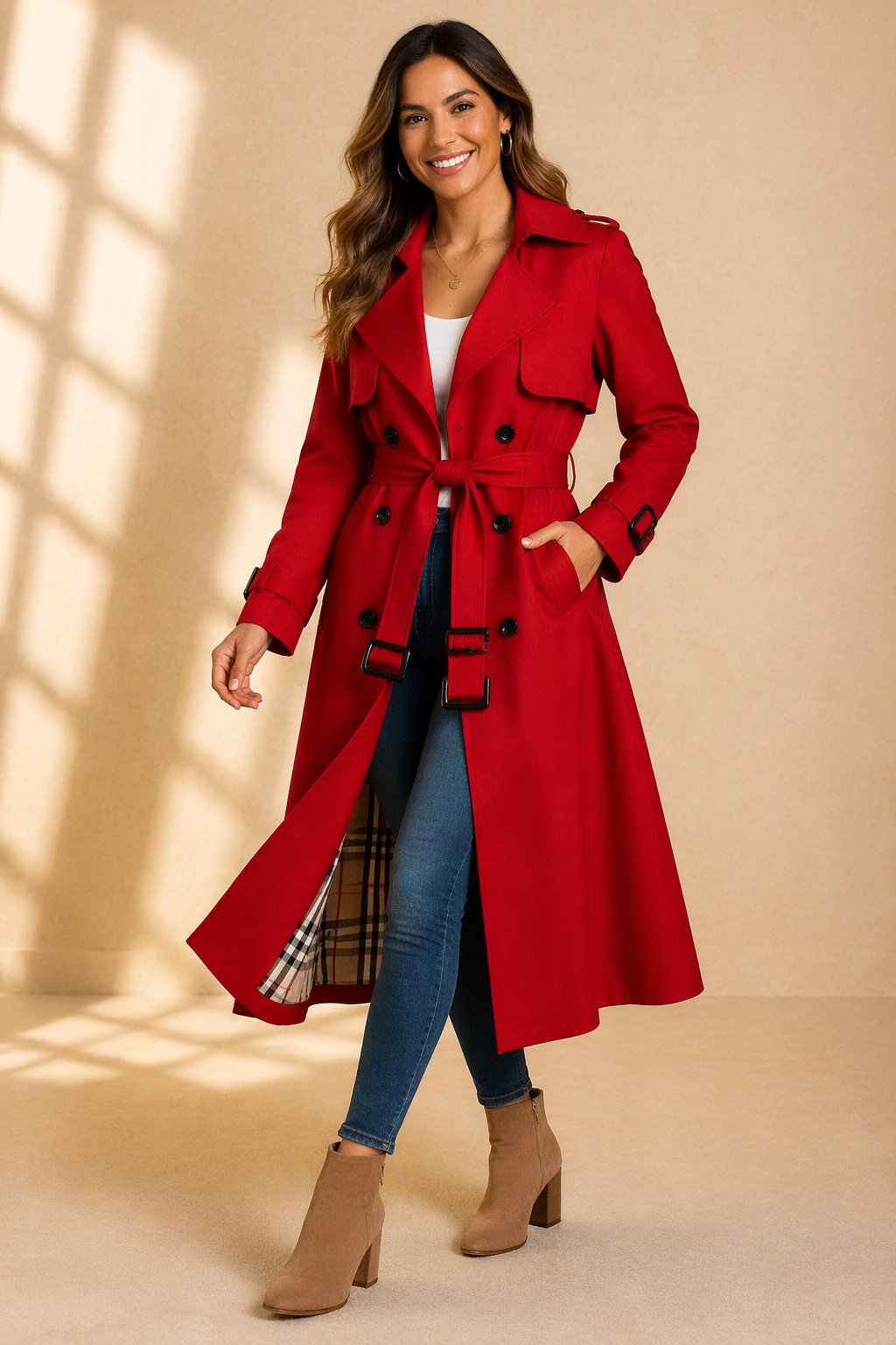Katarina | Double Breasted Belted Long Black Wool Trench Coat — Red