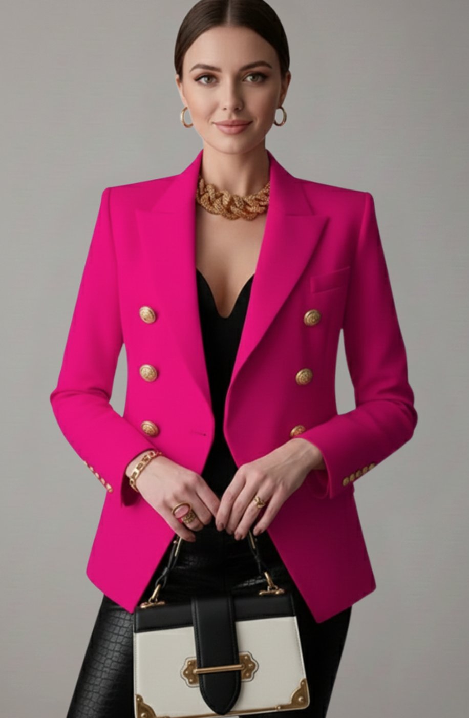 Mathilde | Velvet Sequin Double Breasted Blazer Coat Black Pink Gold Buttons — Pink