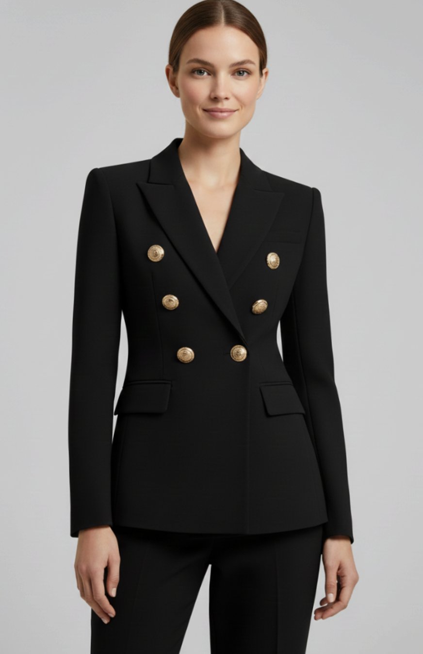 Mathilde | Velvet Sequin Double Breasted Blazer Coat Black Pink Gold Buttons