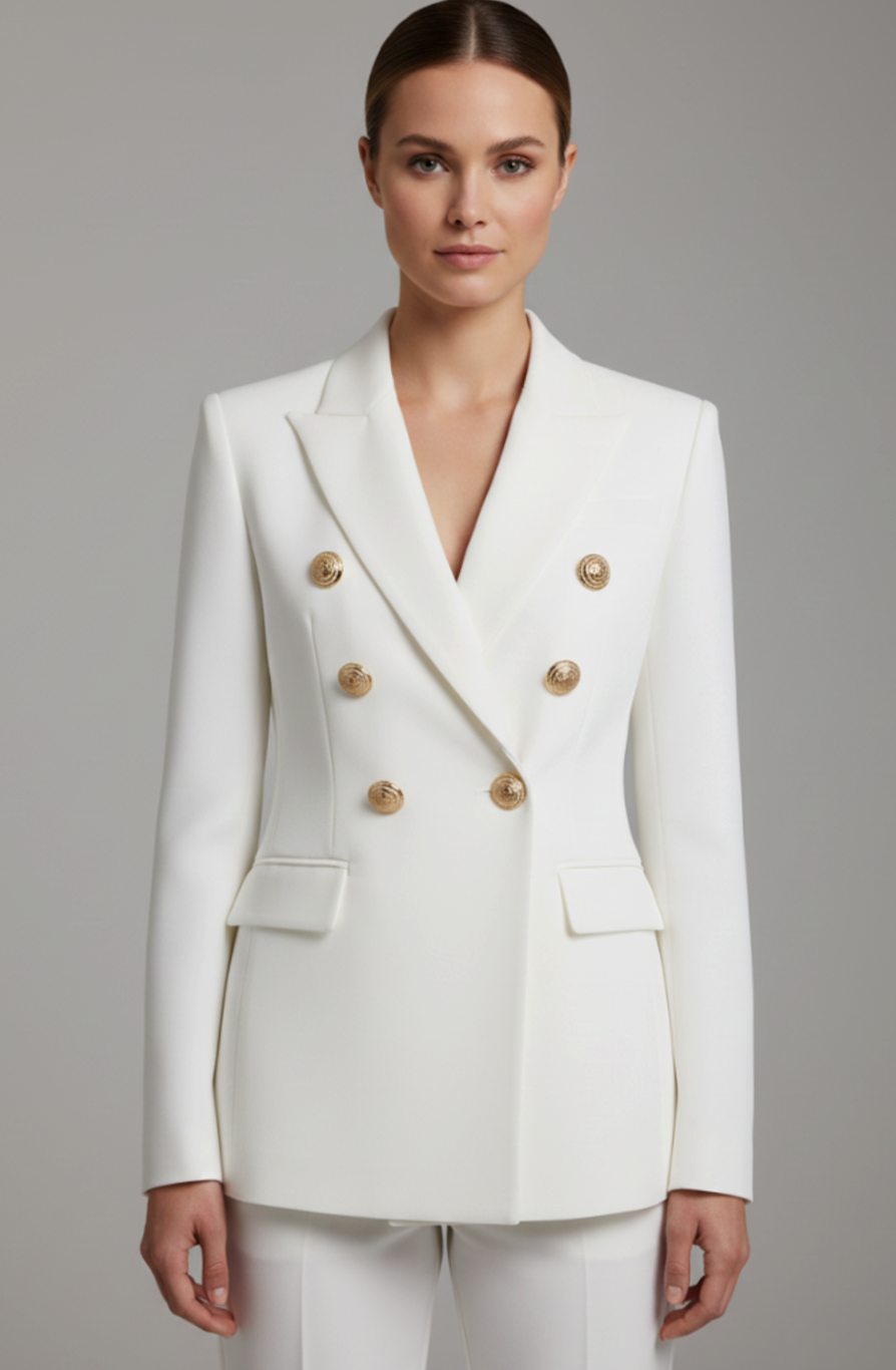 Mathilde | Velvet Sequin Double Breasted Blazer Coat Black Pink Gold Buttons — White
