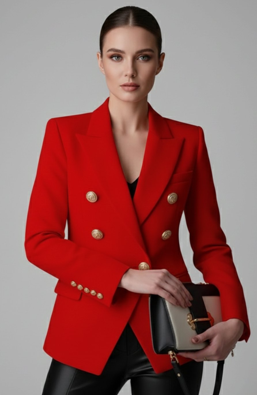 Mathilde | Velvet Sequin Double Breasted Blazer Coat Black Pink Gold Buttons — Red