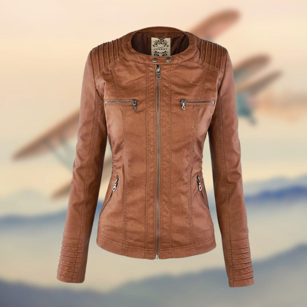 Nadia | Biker Moto Puffer Jacket Black Tan Leather Fur Collar