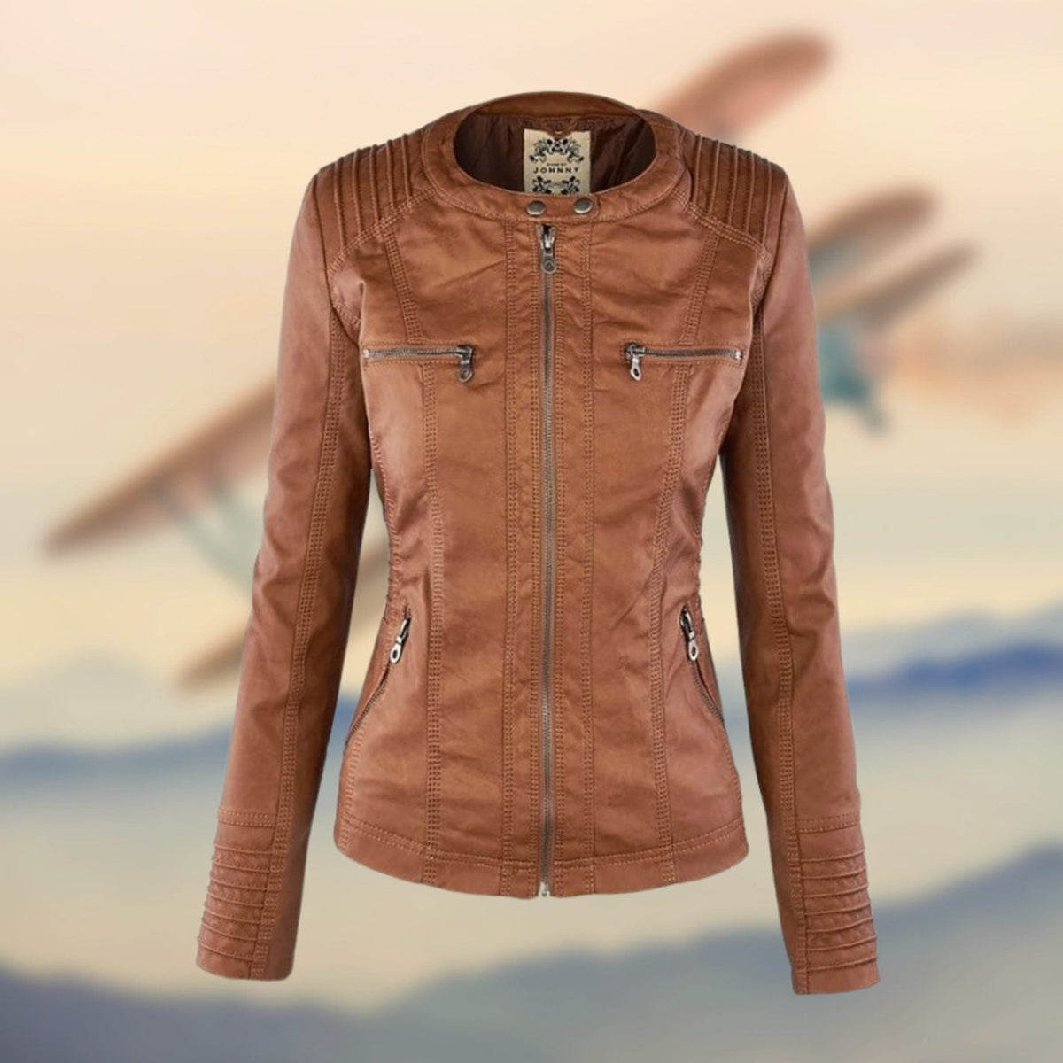 Nadia | Biker Moto Puffer Jacket Black Tan Leather Fur Collar