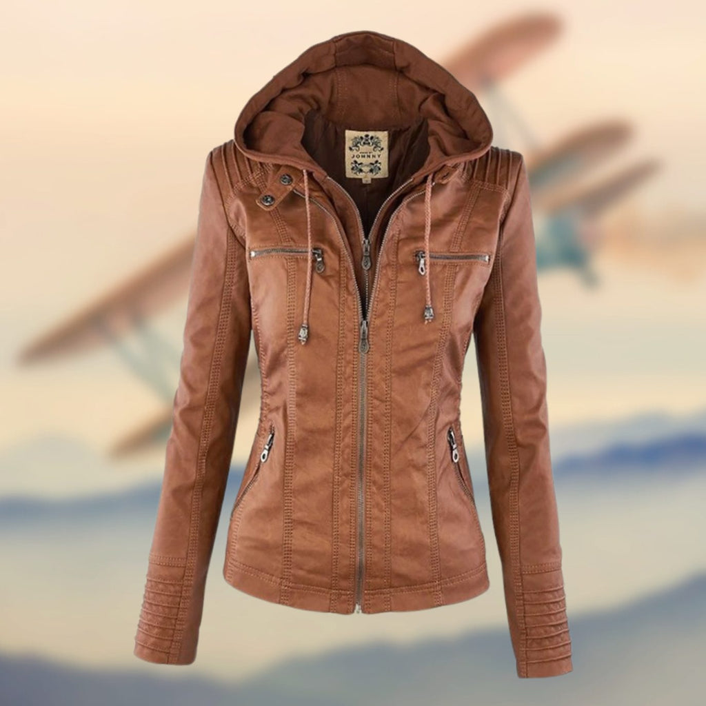 Nadia | Biker Moto Puffer Jacket Black Tan Leather Fur Collar — Brown