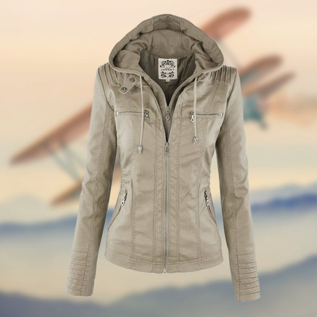 Nadia | Biker Moto Puffer Jacket Black Tan Leather Fur Collar — Beige
