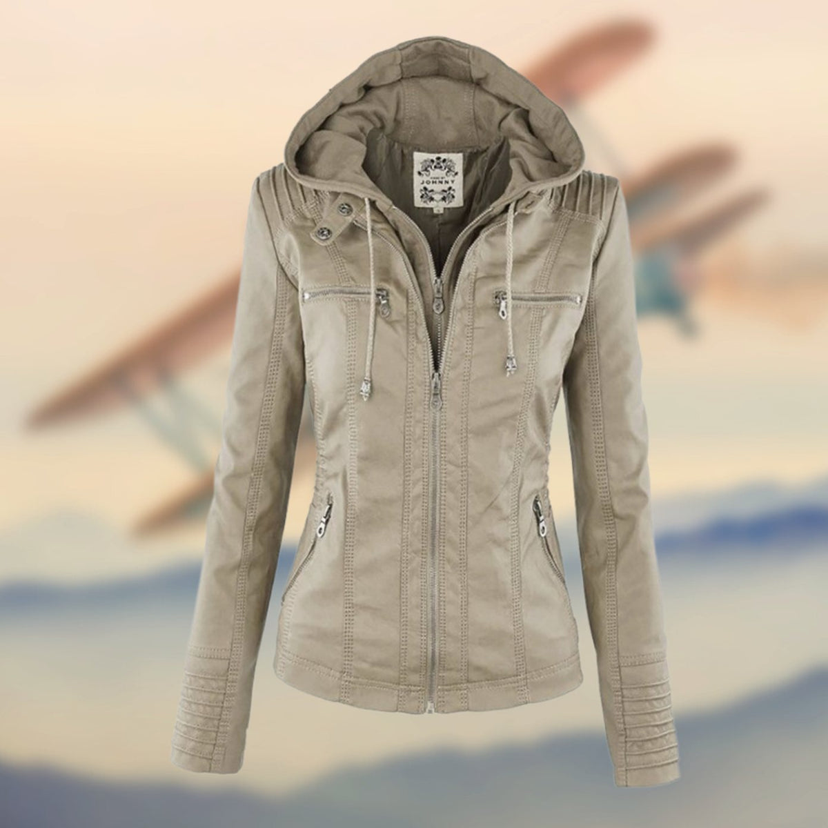 Nadia | Biker Moto Puffer Jacket Black Tan Leather Fur Collar — Beige
