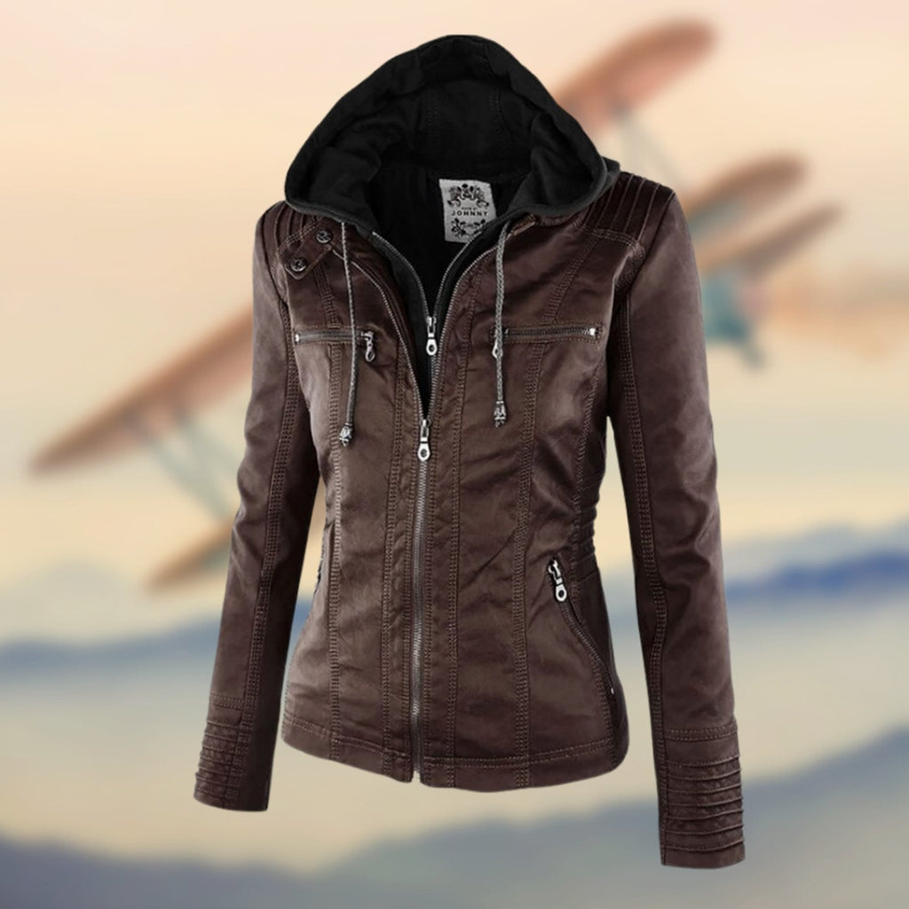Nadia | Biker Moto Puffer Jacket Black Tan Leather Fur Collar — Dark Brown