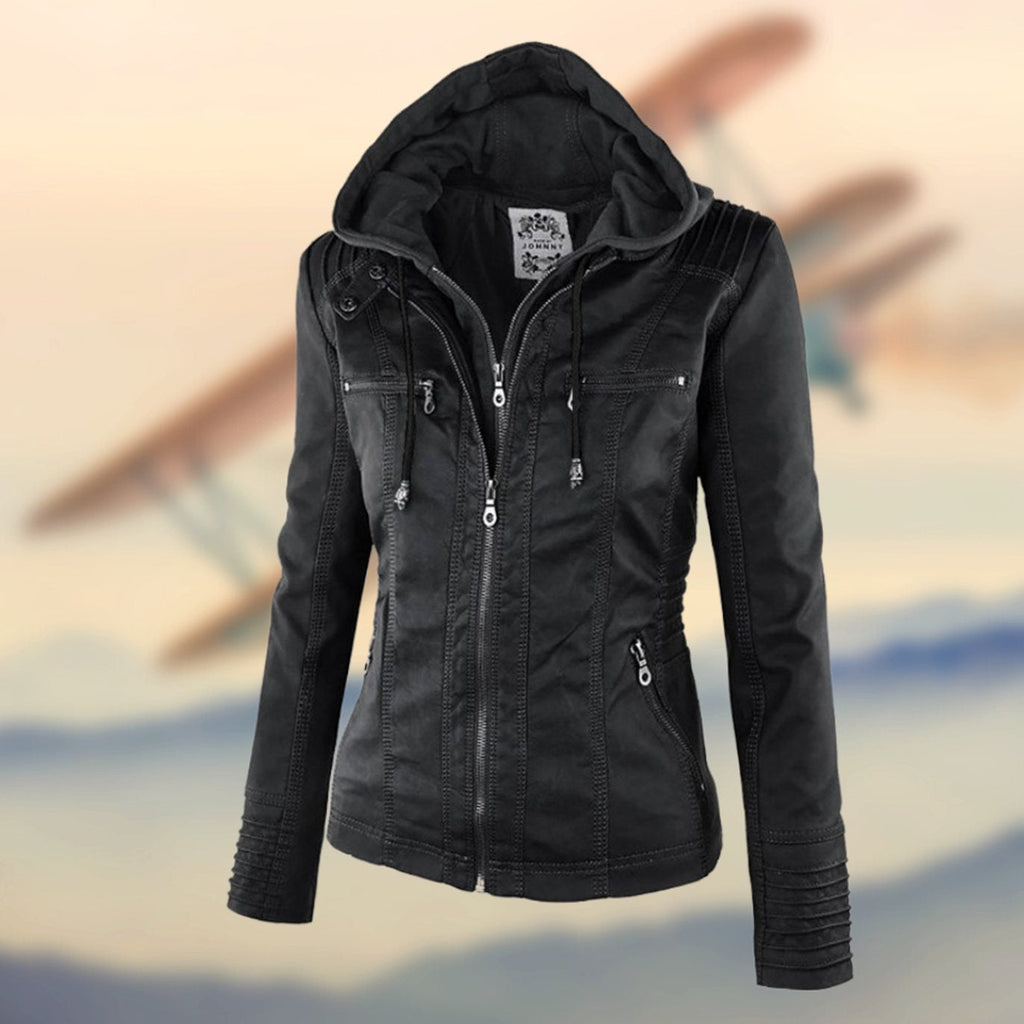 Nadia | Biker Moto Puffer Jacket Black Tan Leather Fur Collar — Black