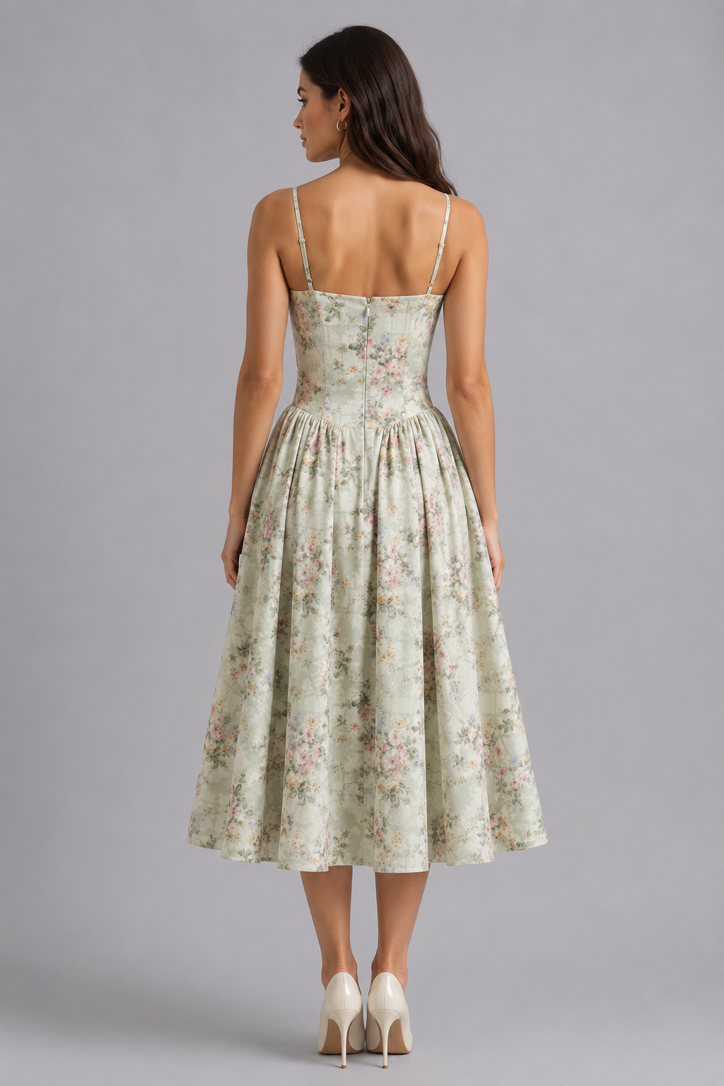 Quintessa | Floral Midi Wedding Guest Dress With Corset Bodice
