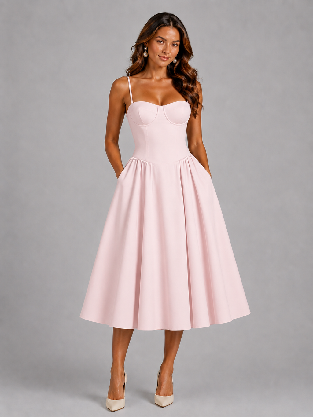 Quintessa | Floral Midi Wedding Guest Dress With Corset Bodice