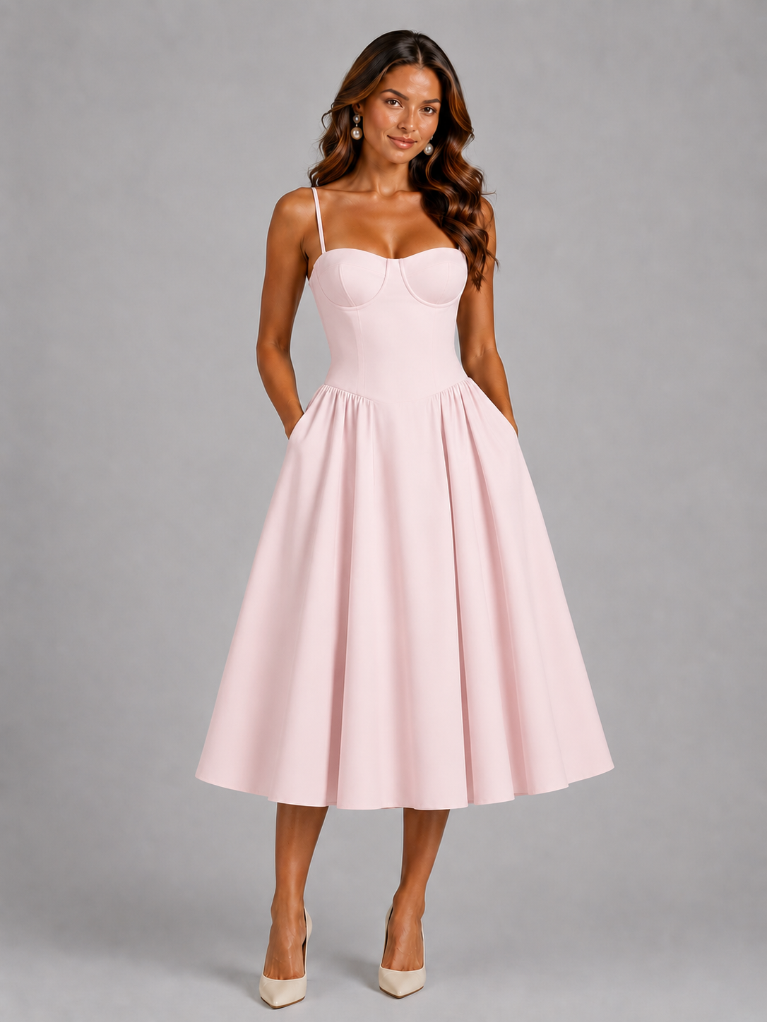 Quintessa | Floral Midi Wedding Guest Dress With Corset Bodice