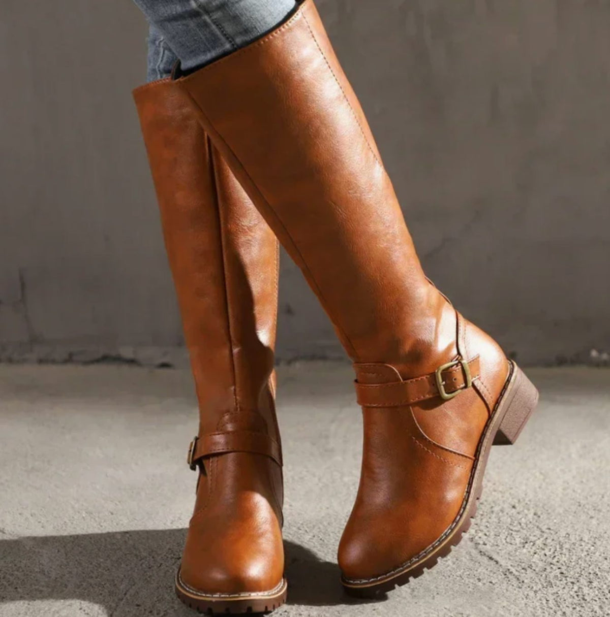 Vivienne | Black Leather Knee High Riding Boots With Ankle Strap
