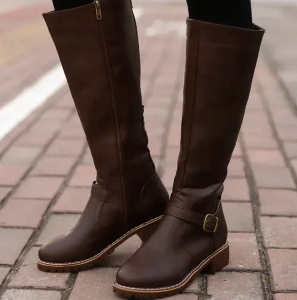 Vivienne | Black Leather Knee High Riding Boots With Ankle Strap — Dark Brown