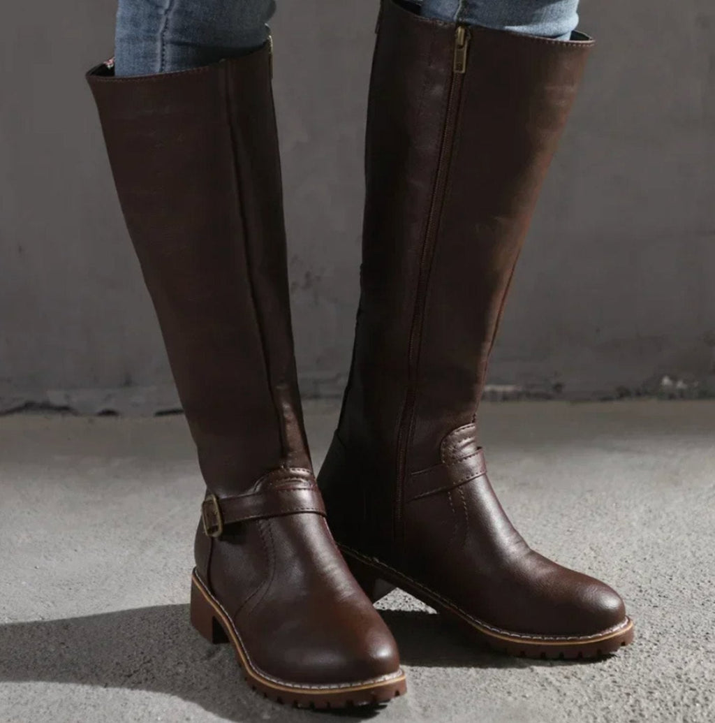 Vivienne | Black Leather Knee High Riding Boots With Ankle Strap