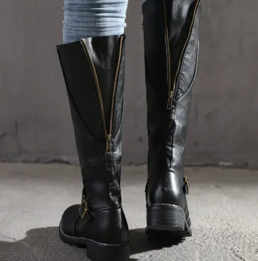 Vivienne | Black Leather Knee High Riding Boots With Ankle Strap — Black