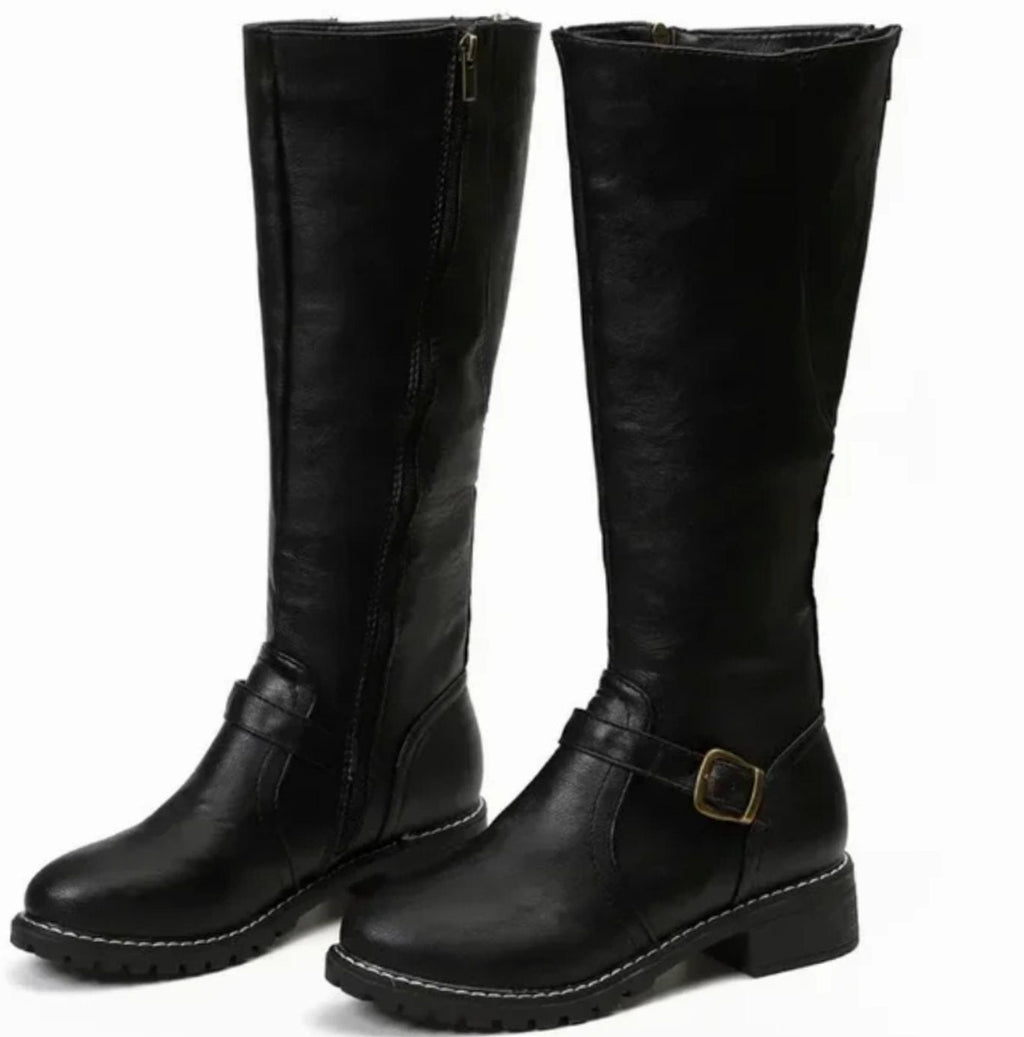 Vivienne | Black Leather Knee High Riding Boots With Ankle Strap