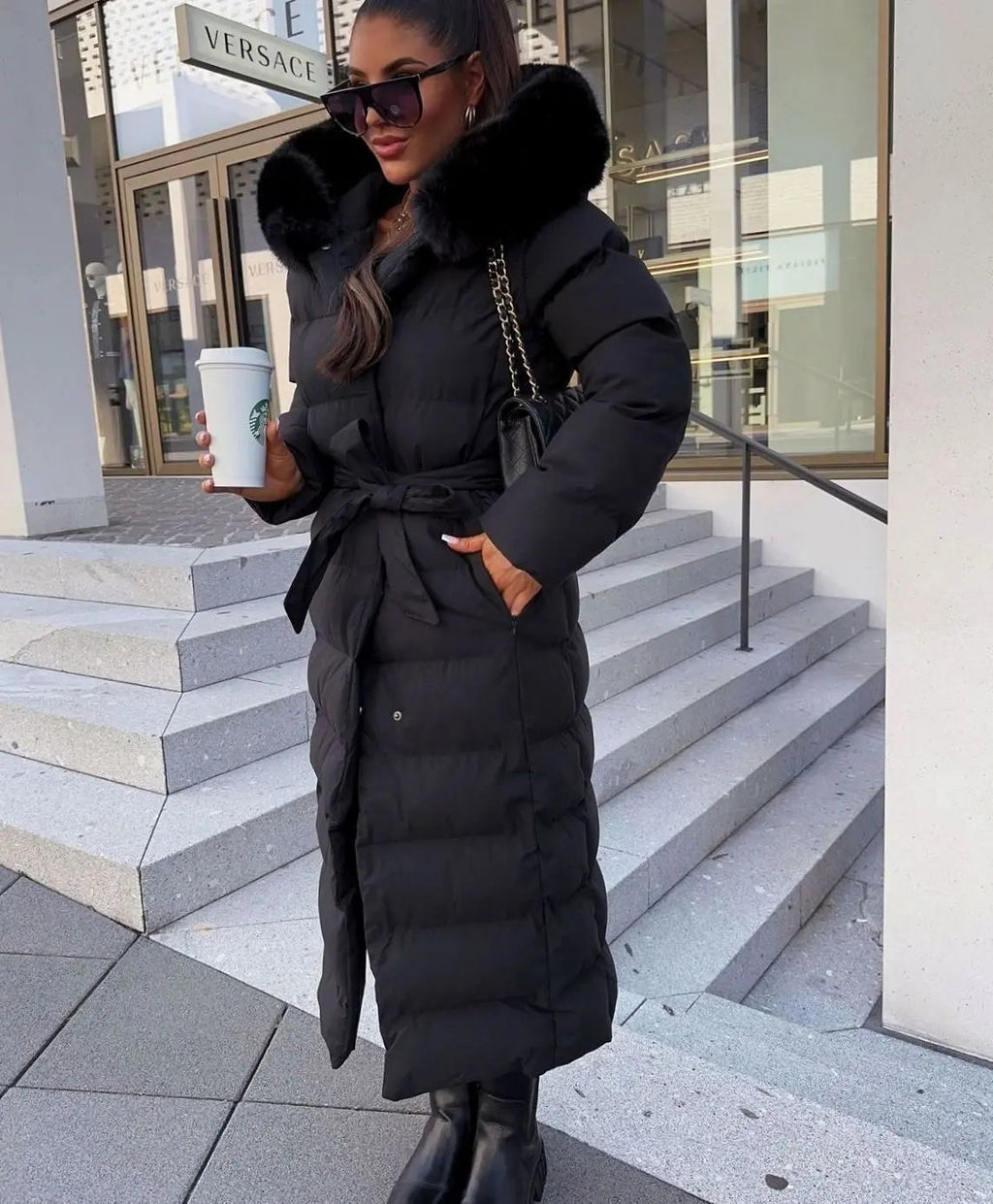 Rosalind | Long Black Puffer Coat With Faux Fur Hood & Belt — Black
