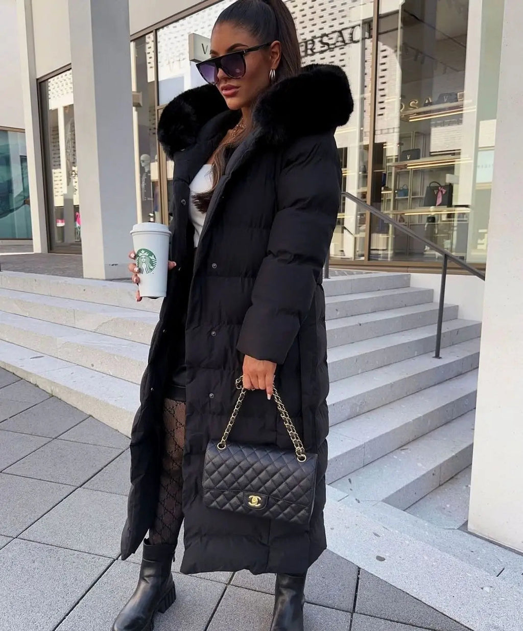 Rosalind | Long Black Puffer Coat With Faux Fur Hood & Belt