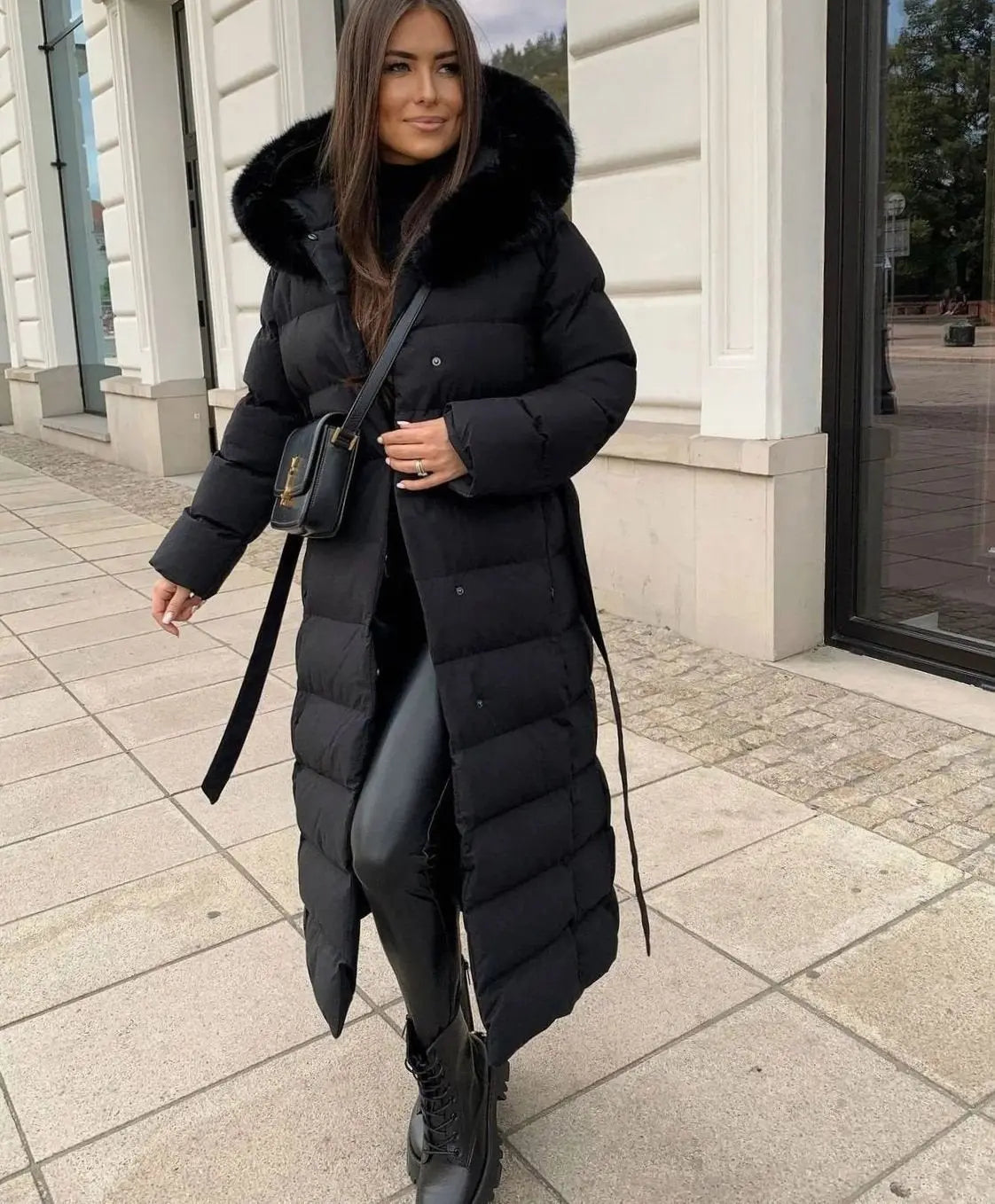 Rosalind | Long Black Puffer Coat With Faux Fur Hood & Belt