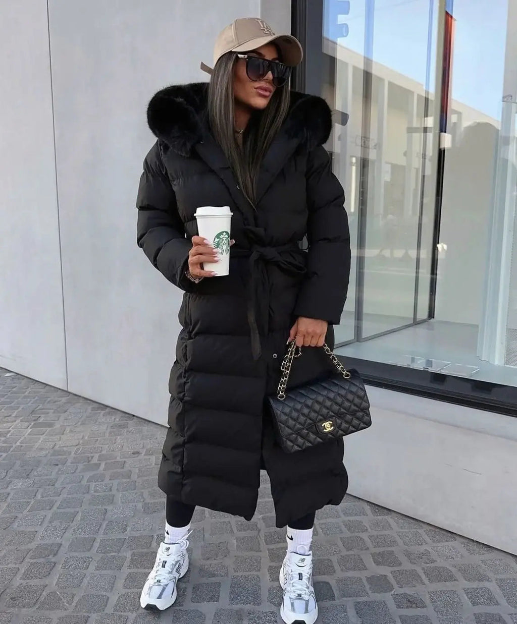 Rosalind | Long Black Puffer Coat With Faux Fur Hood & Belt