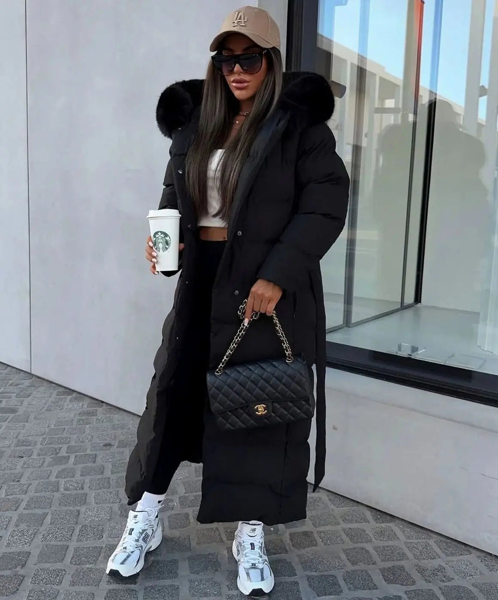 Rosalind | Long Black Puffer Coat With Faux Fur Hood & Belt